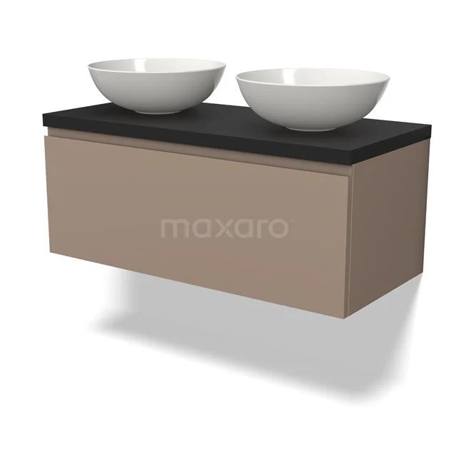 Beige Badmöbel mit hängendem Design, Schwarz Platte und zwei weißen Aufsatzwaschbecken, ideal für einen modernen Badezimmerstil.