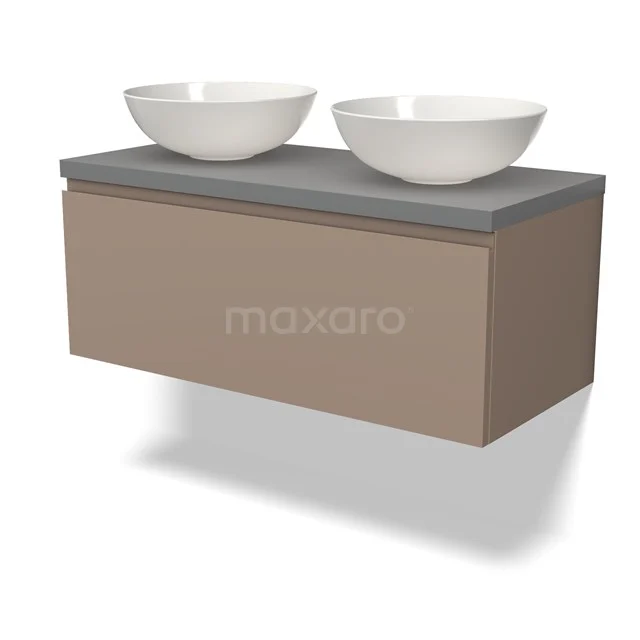 Beige schwebendes Badmöbel mit Grau Platte und doppelten weißen Waschbecken, modernes Design aus der Premium-Kollektion.