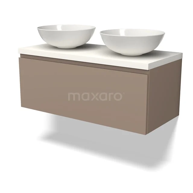 Beige schwebendes Badezimmermöbel mit doppelten weißen Aufsatzwaschbecken, modernes Design, sauber verarbeitet.