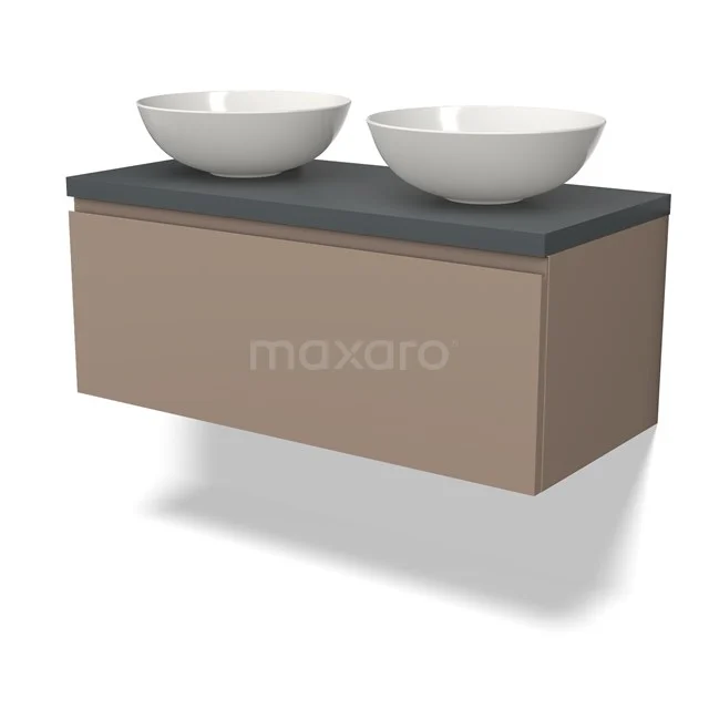 Modulo Plato Badmöbel mit Aufsatzwaschbecken | 100 cm Taupe Grifflos front Dunkelgrau blatt 1 Schublade BMK11-02069 Beige Badmöbel mit mattem grauem Oberblatt und doppelten weißen Aufsatzwaschbecken, modernes Design und schwebende Wandmontage.