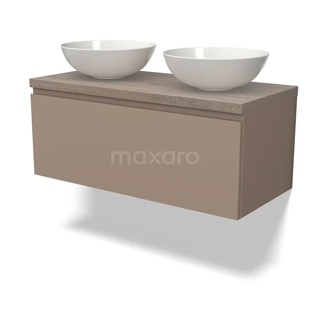 Beige schwebendes Badezimmermöbel mit doppelten keramischen Aufsatzwaschbecken, modernem Design und minimalistischer Ausstrahlung.