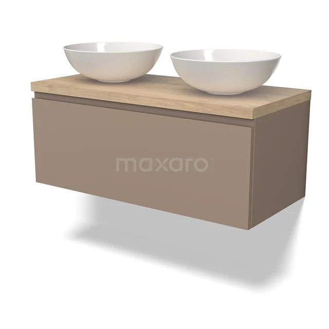 Beige Wandmöbel mit Holzplatte und zwei weißen keramischen Aufsatzwaschbecken, moderne Ergänzung zum Badezimmer.