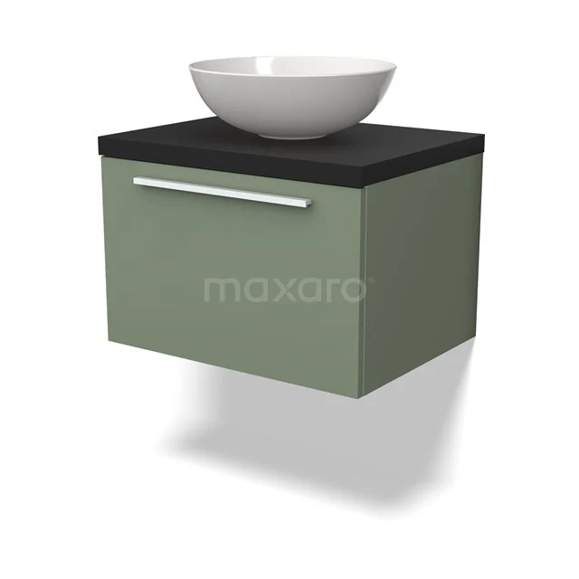 Grüner schwebender Badschrank mit schwarzer Platte und weißem schalenförmigen Waschbecken, modernes Design.