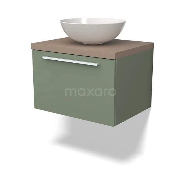 Grünes hängendes Badmöbel mit Holz-Optik Platte und weißem runden Aufsatzwaschbecken, modernes Design für kompakte Bäder.