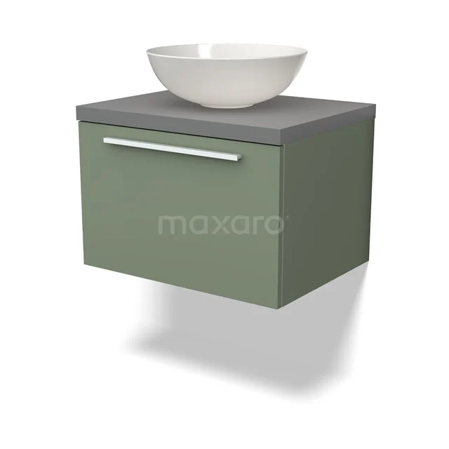 Grünes hängendes Badmöbel mit grauer Platte und weißem ovalen Aufsatzwaschbecken, zeitgemäßes Design, ideal für moderne Bäder.