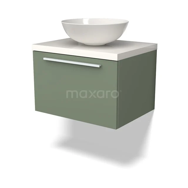 Grünes Wandmöbel mit weißem Aufsatzwaschbecken, modernes Design, ideal für ein stilvolles Badezimmer, nachhaltiges Material.