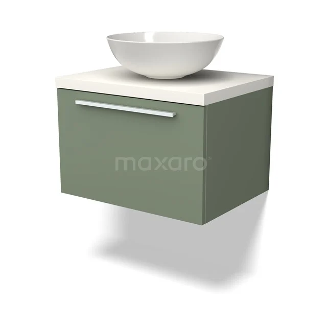 Grünes hängendes Badmöbel mit weißem Aufsatzwaschbecken, modernes Design und Softclose-Schublade.