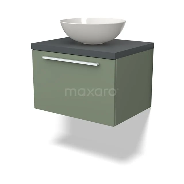 Grüne Wandkommode mit schwarzer Oberplatte und weißem Aufsatzwaschbecken, modernes Badezimmermöbel aus Holz mit klarem Design und silberfarbigem Griff.