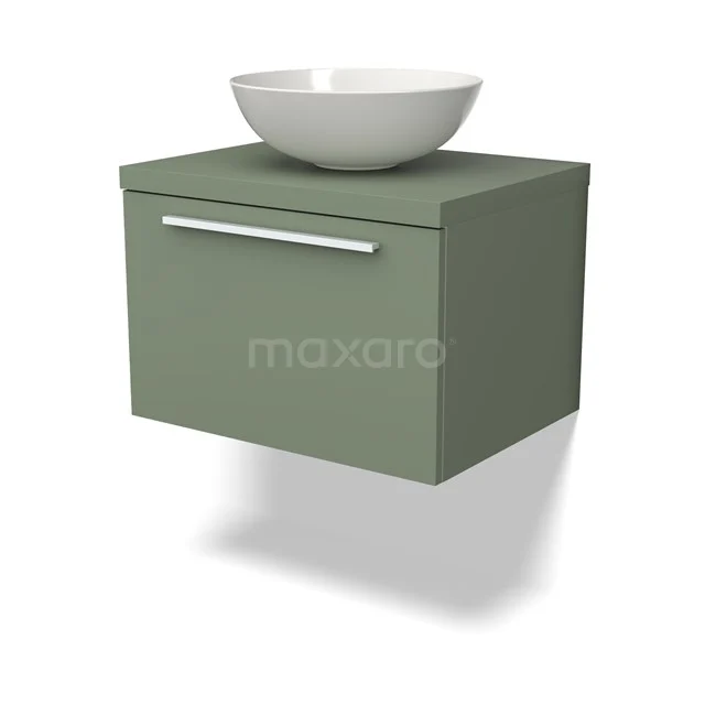 Grünes Wandmöbel mit weißem runden Aufsatzwaschbecken, modernes Design und metallischer Haltegriff, ideal für stilvolle Badezimmergestaltung.