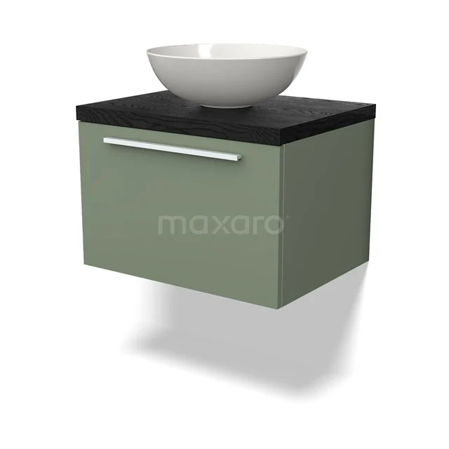 Waschtischunterschrank mit Konsole BMK11-02106 Grünes schwebendes Badezimmermöbel mit schwarzer Platte, weißem komförmigen Waschbecken und minimalistischem Design, ideal für moderne Bäder.