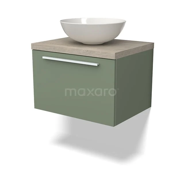 Grünes hängendes Badmöbel mit Holzplatte und keramischer Schüssel, modernes Design, ideal für kompakte Bäder.