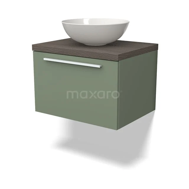 Olivengrünes Badezimmermöbel mit dunklem Holzplatte und weißem Aufsatzbecken, modernes und kompaktes Design.