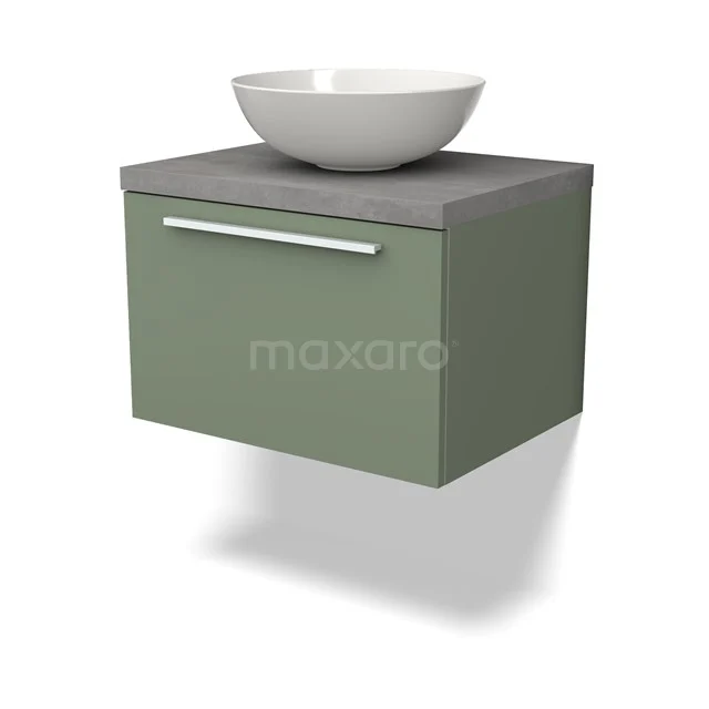 Grünes hängendes Badmöbel mit Waschbecken, Betonlook Platte und moderner weißer Schüssel; stilvolles und kompaktes Design.