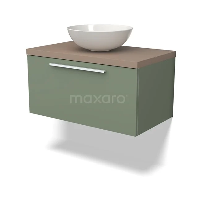 Waschtischunterschrank mit Konsole BMK11-02116 Grünes schwebendes Badezimmermöbel mit Holzplatte und weißem Aufsatzwaschbecken, modernes Design, ideal für ein stilvolles Badezimmer.