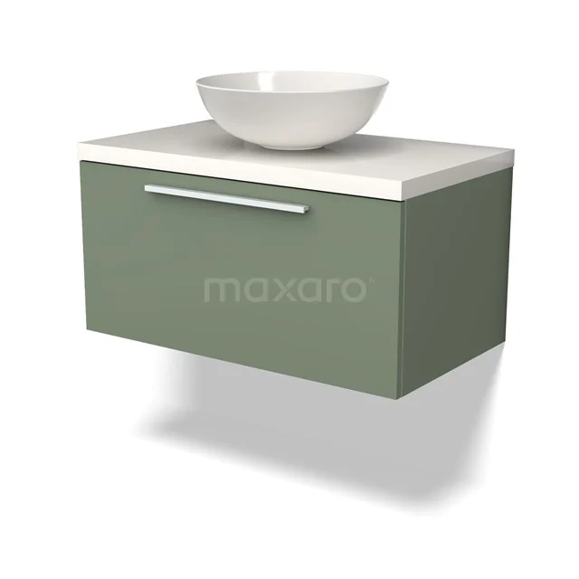 Grünes Badmöbel mit weißer Waschtischplatte und runder Schüssel, hängendes Design, modern und kompakt für stilvolle Bäder.