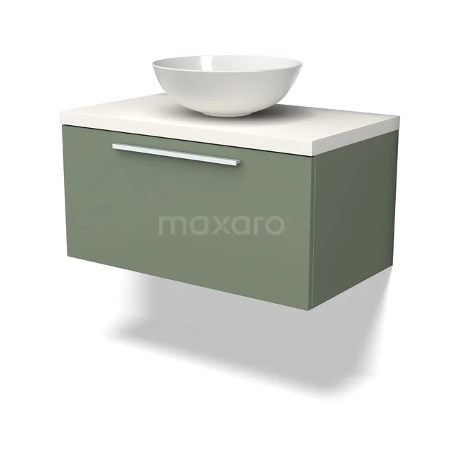 Grünes Holz-Badmöbel mit weißem Waschbecken, modernes schwebendes Design, ideal für stilvolle Bäder.