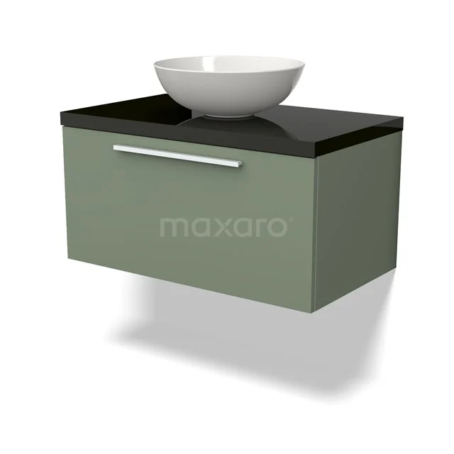 Grünes hängendes Badmöbel mit schwarzer Waschtischplatte und rundem weißen Aufsatzwaschbecken, modernes Design mit minimalistischer Ausstrahlung.