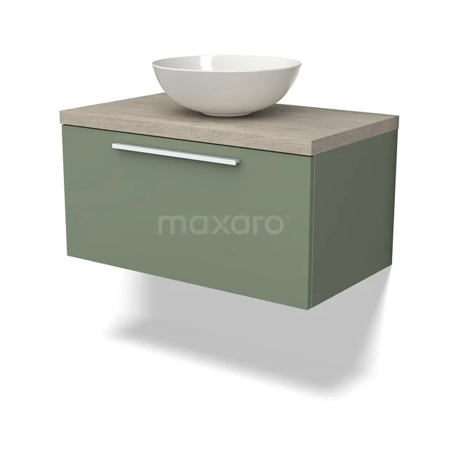 Grünes schwebendes Badmöbel mit Holzlook Platte und keramischem Aufsatzwaschbecken, ideal für einen modernen Badezimmerstil.