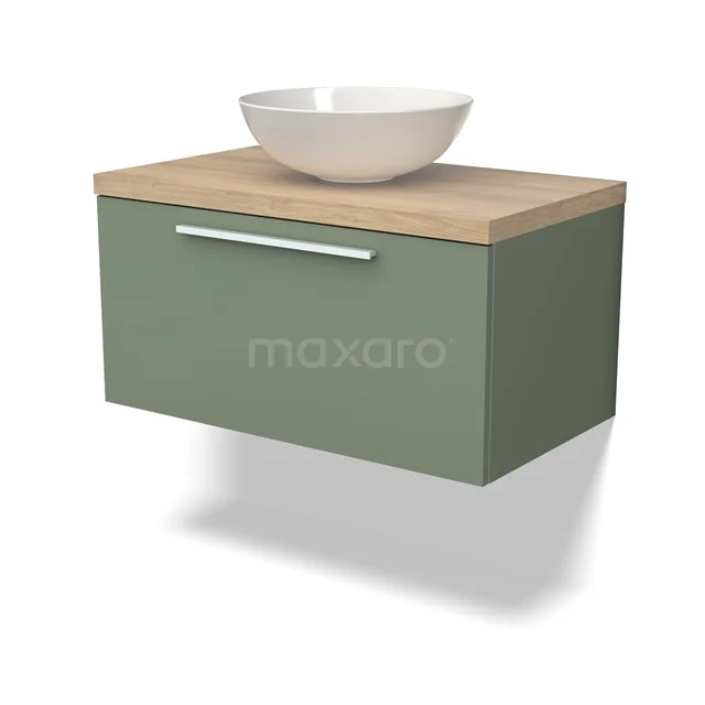 Waschtischunterschrank mit Konsole BMK11-02126 Grünes hängendes Badmöbel mit Holzlook Platte und weißem Aufsatzwaschbecken, schlankes Design für moderne Bäder.