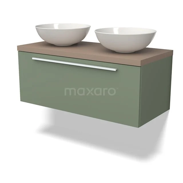 Grünes Holz Badezimmermöbel mit zwei weißen runden Aufsatzwaschbecken, hängendes Design, geeignet für moderne Bäder.