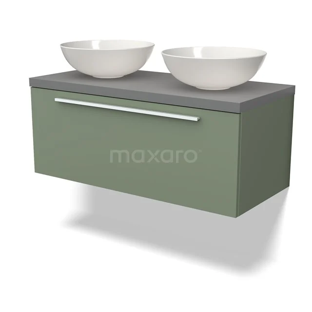 Modulo Plato Badmöbel mit Aufsatzwaschbecken | 100 cm Salbeigrün Flach front Mittelgrau blatt 1 Schublade BMK11-02134 Grüne Badmöbel mit mattem grauen Top, doppelten weißen Waschbecken und modernem Schublade, ideal für eine stilvolle Badezimmergestaltung.