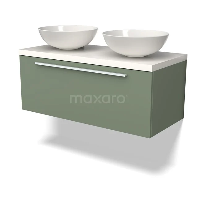 Grünes schwebendes Badezimmermöbel, matte Oberfläche, mit zwei weißen schalenförmigen Waschbecken und verchromtem Haltegriff.