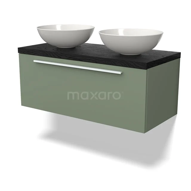 Waschtischunterschrank mit Konsole BMK11-02140 Grünes Holz Badezimmermöbel mit schwarzer Platte und zwei weißen Aufsatzwaschbecken, ideal für stilvolle und moderne Badezimmergestaltung.