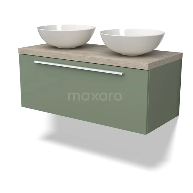 Grünes schwebendes Badezimmermöbel mit Holzlook Platte und doppelten weißen Aufsatzwaschbecken für ein modernes und stilvolles Badezimmer.