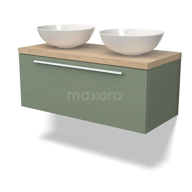 Modulo Plato Badmöbel mit Aufsatzwaschbecken | 100 cm Salbeigrün Flach front Hellbraune Eiche blatt 1 Schublade BMK11-02143 Grüne Badmöbel mit Holzplatte und doppelten weißen Aufsatzwaschbecken; stilvolles, modernes Design für ein einzigartiges Badezimmer.