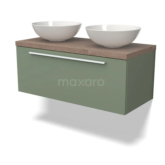 Modulo Plato Vanity units for countertop basin | 100 cm Sage green Flat front Mid brown oak worktop 1 drawer BMK11-02144