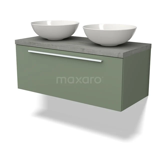 Waschtischunterschrank mit Konsole BMK11-02146 Grüne Badmöbel mit zwei weißen Aufsatzwaschbecken, Betonlook Platte und schickem Haltegriff, perfekt für einen modernen Badezimmerstil.
