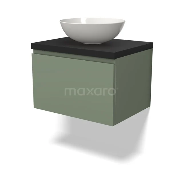 Grünes hängendes Badmöbel mit schwarzer Platte und weißem rundes Waschbecken, modernes Design für stilvolle Badezimmergestaltung.