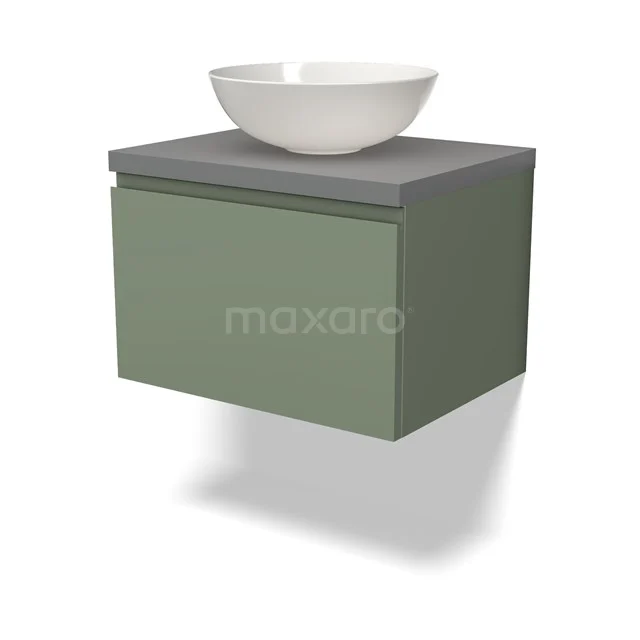 Grünes schwebendes Badezimmermöbel mit grauer Platte und weißem Aufsatzwaschbecken, modernes Design, ideale Raumsparung im Badezimmer.