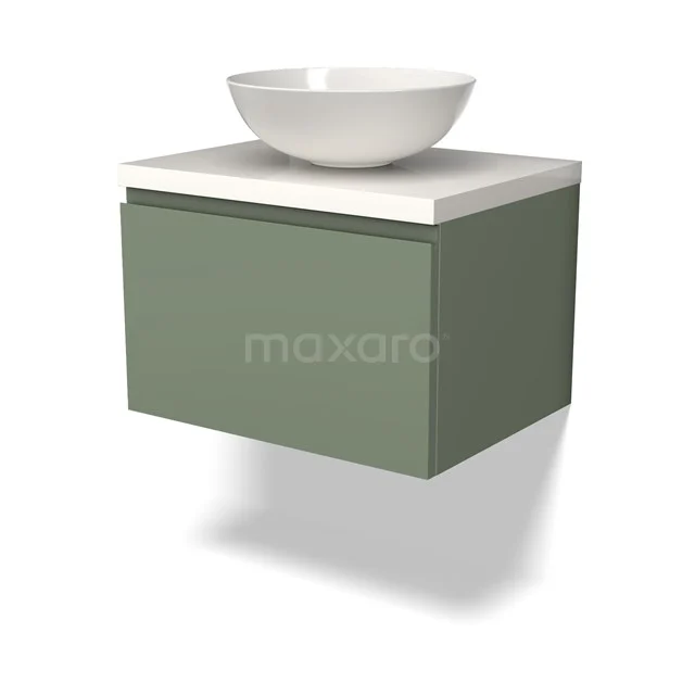 Grünes hängendes Badmöbel mit weißem Aufsatzwaschbecken, modernes Design, matte Oberfläche und platzsparende Form.