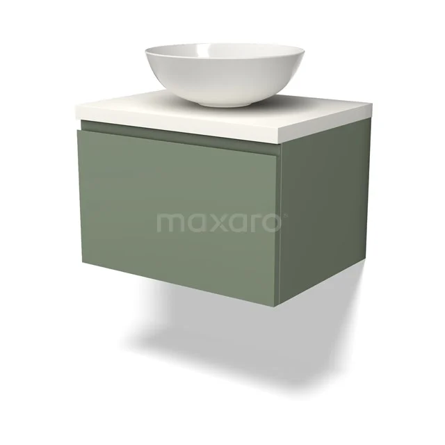 Grünes schwebendes Badmöbel mit weißem Aufsatzwaschbecken, schlichtes Design, ideal für moderne Bäder.