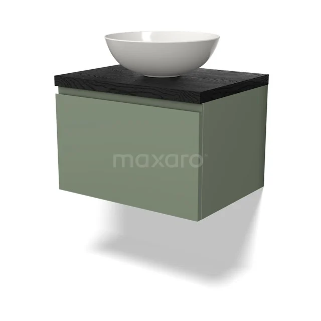 Grüner hängender Badschrank mit schwarzer Platte und weißem keramischen Aufsatzwaschbecken, minimalistisch modernes Design.