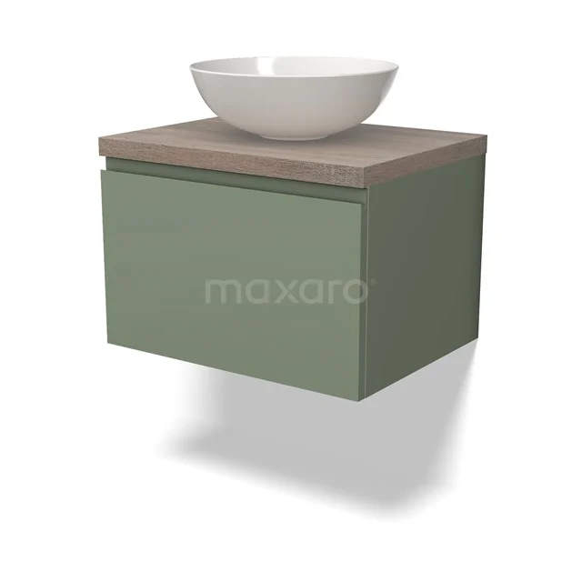 Grünes schwebendes Badezimmermöbel mit Holzoptik Platte und weißem Aufsatzwaschbecken, kompaktes Design für moderne Bäder.