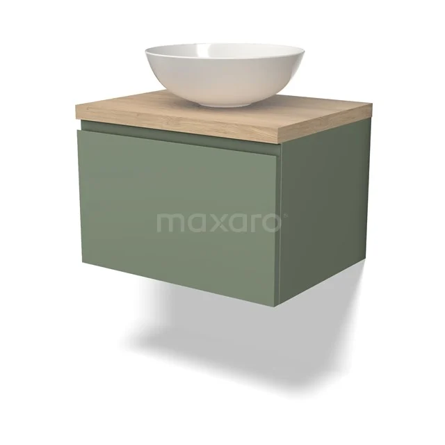 Grüner Badschrank mit Holzplatte und weißem Aufsatzwaschbecken, modernes Design, ideal für eine stilvolle Badezimmergestaltung.