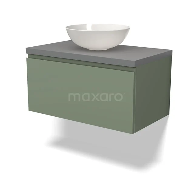 Grünes hängendes Badmöbel mit grauer Platte und rundem keramischen Aufsatzwaschbecken, modernes Design.