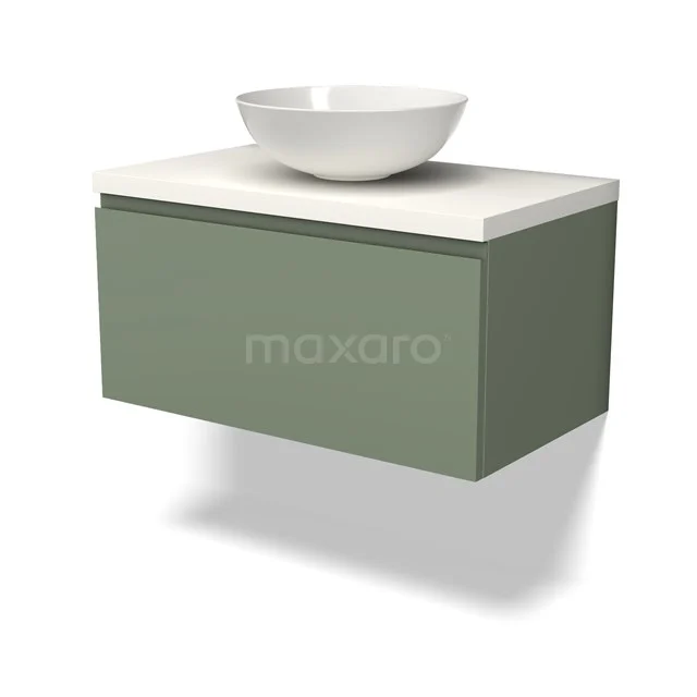 Grünes schwebendes Badezimmermöbel mit mattem Front, keramischer Waschbecken und weißer Platte, modernes Design.