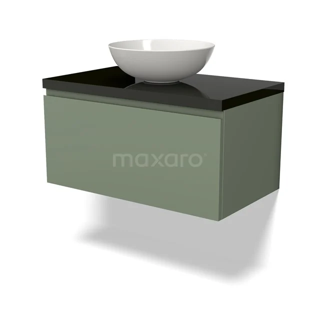 Grünes schwebendes Badmöbel mit schwarzer Oberfläche und weißem Aufsatzwaschbecken; modernes Design für stilvolle Badezimmergestaltung.