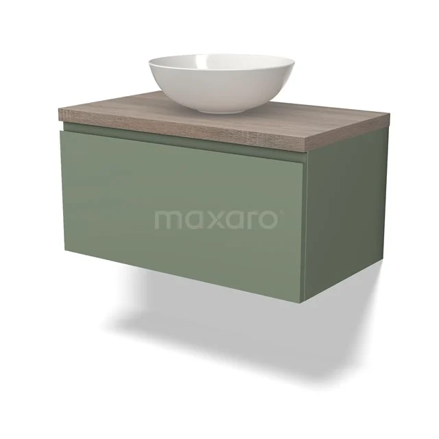 Waschtischunterschrank mit Konsole BMK11-02192 Hängendes Badezimmermöbel grün mit Holzplatte und weißem schalenförmigen Waschbecken, modernes Design.