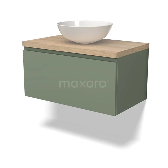 Grüner schwebender Badschrank mit Holzplatte und weißem Aufsatzwaschbecken, modernes Design aus nachhaltigen Materialien.