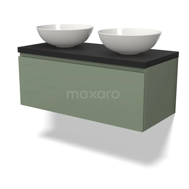 Grünes Badezimmermöbel mit schwarzer Platte und zwei runden weißen Aufsatzwaschbecken, modernes Design aus nachhaltigen Materialien.