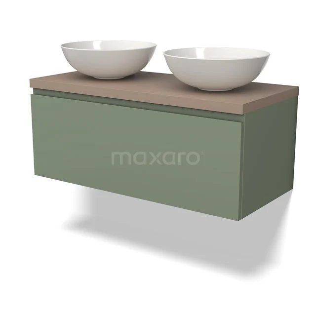 Grüne Badmöbelset mit Eichenplatte und doppelten Aufsatzwaschbecken, schlankes Design für modernes Badezimmer.