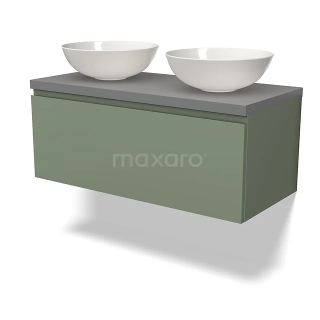 Grünes hängendes Badezimmermöbel mit zwei weißen keramischen Aufsatzwaschbecken und einer grauen Platte, modernes und schlichtes Design.