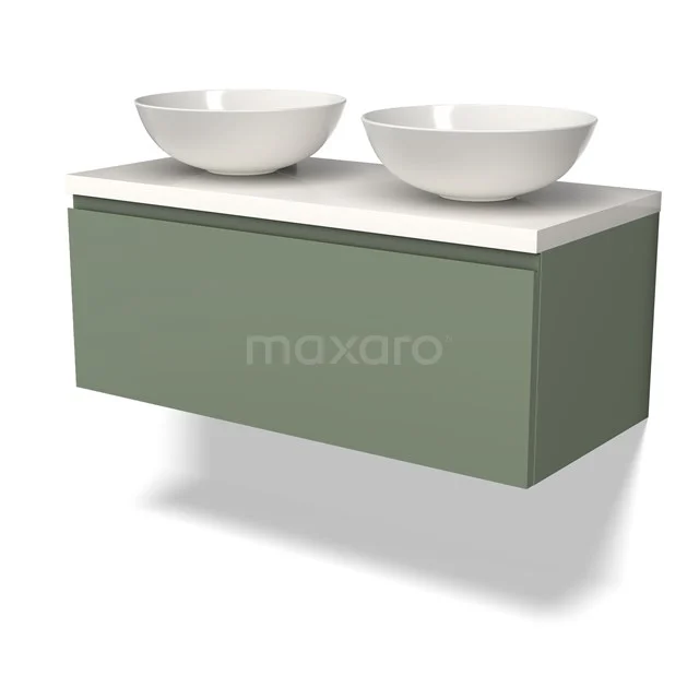 Grünes hängendes Badmöbel mit doppelten Aufsatzwaschbecken, schlankes Design, geeignet für moderne Bäder.