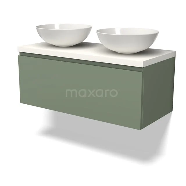 Modulo Plato Badmöbel mit Aufsatzwaschbecken | 100 cm Salbeigrün Grifflos front Matt Weiß blatt 1 Schublade BMK11-02204 Olivengrünes Badmöbel mit zwei weißen Waschbecken, modernes Design, Wandmontage, ideal für stilvolle Badezimmergestaltung.