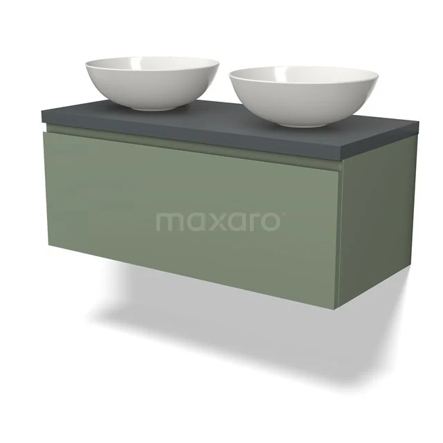 Grünes schwebendes Waschtisch mit dunkler Platte und doppelten weißen Aufsatzwaschbecken, ideal für einen modernen Badezimmerstil.