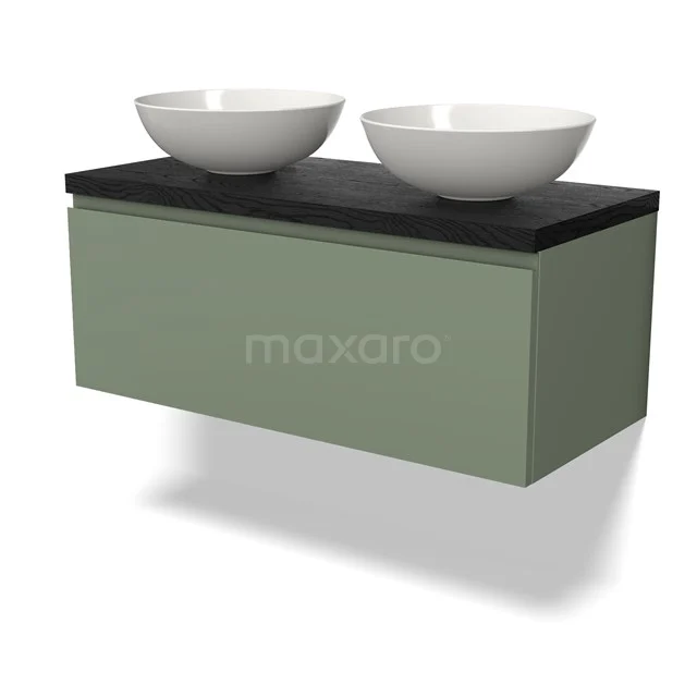 Modulo Plato Badmöbel mit Aufsatzwaschbecken | 100 cm Salbeigrün Grifflos front Schwarze Eiche blatt 1 Schublade BMK11-02208 Grünes hängendes Badezimmermöbel mit schwarzer Platte und zwei weißen Aufsatzwaschbecken, moderne minimalistische Ausstrahlung.